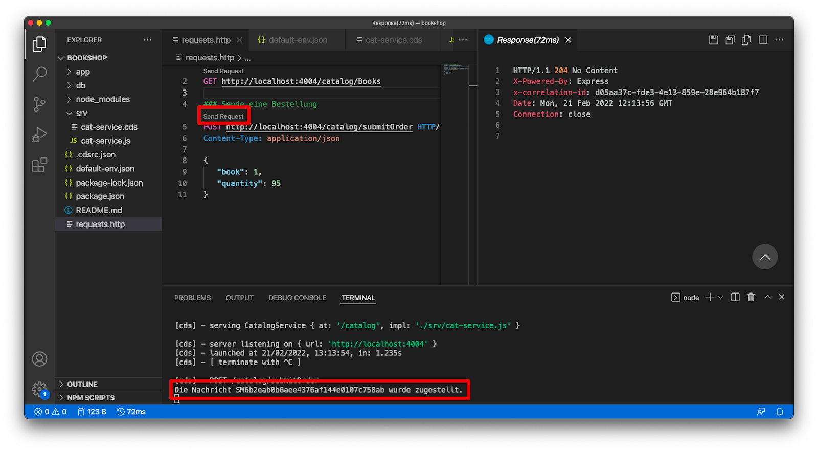 Visual Studio Code nachdem die zweite Anfrage erfolgreich versendet wurde.