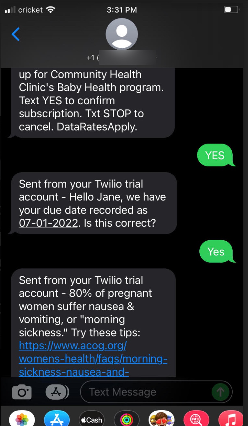 Example registration flow inside TextIt shown on a phone