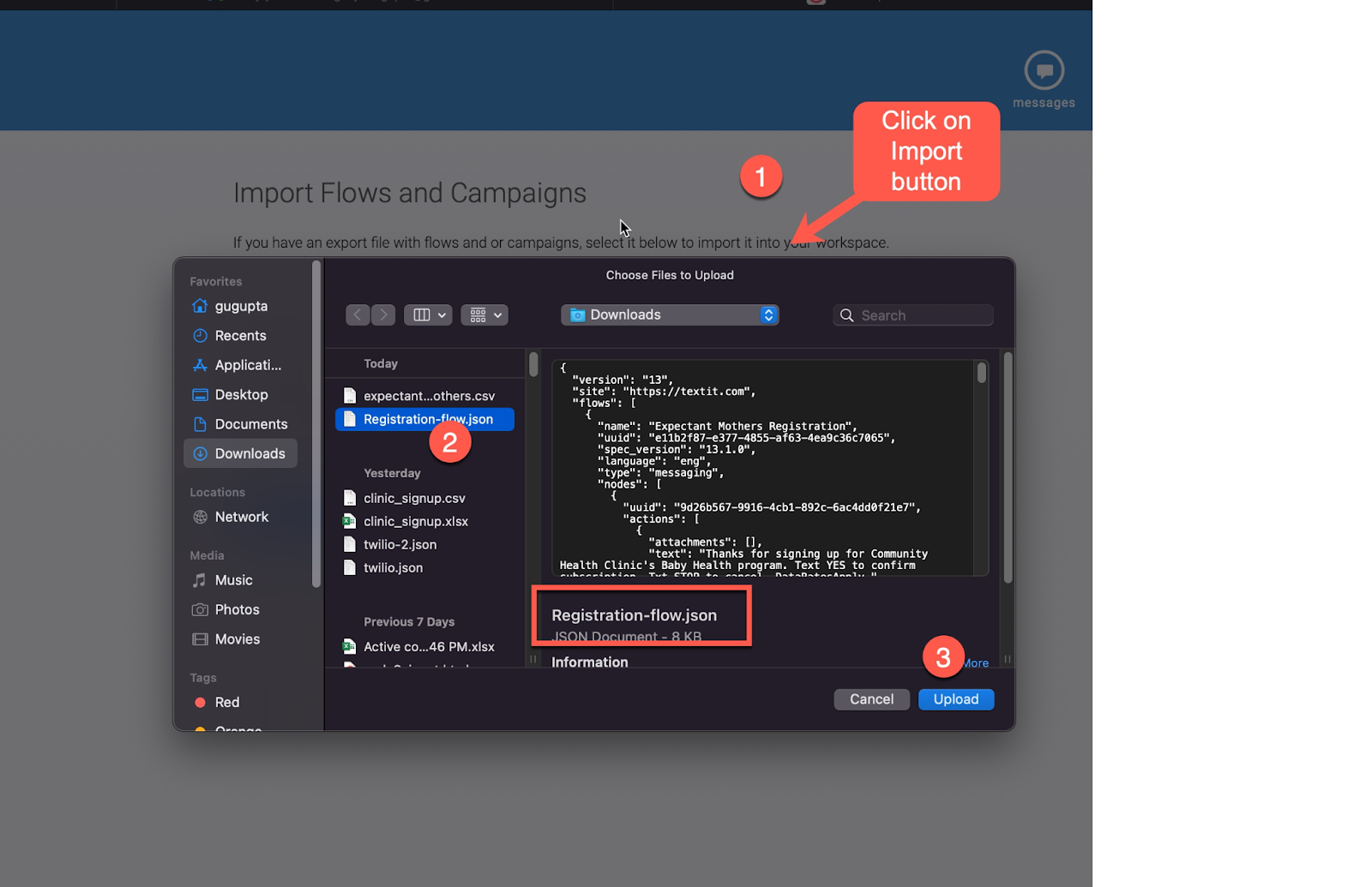 TextIt steps to import registration