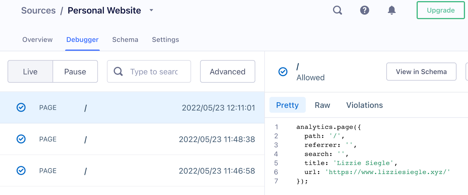 view pageviews in your Segment debugger