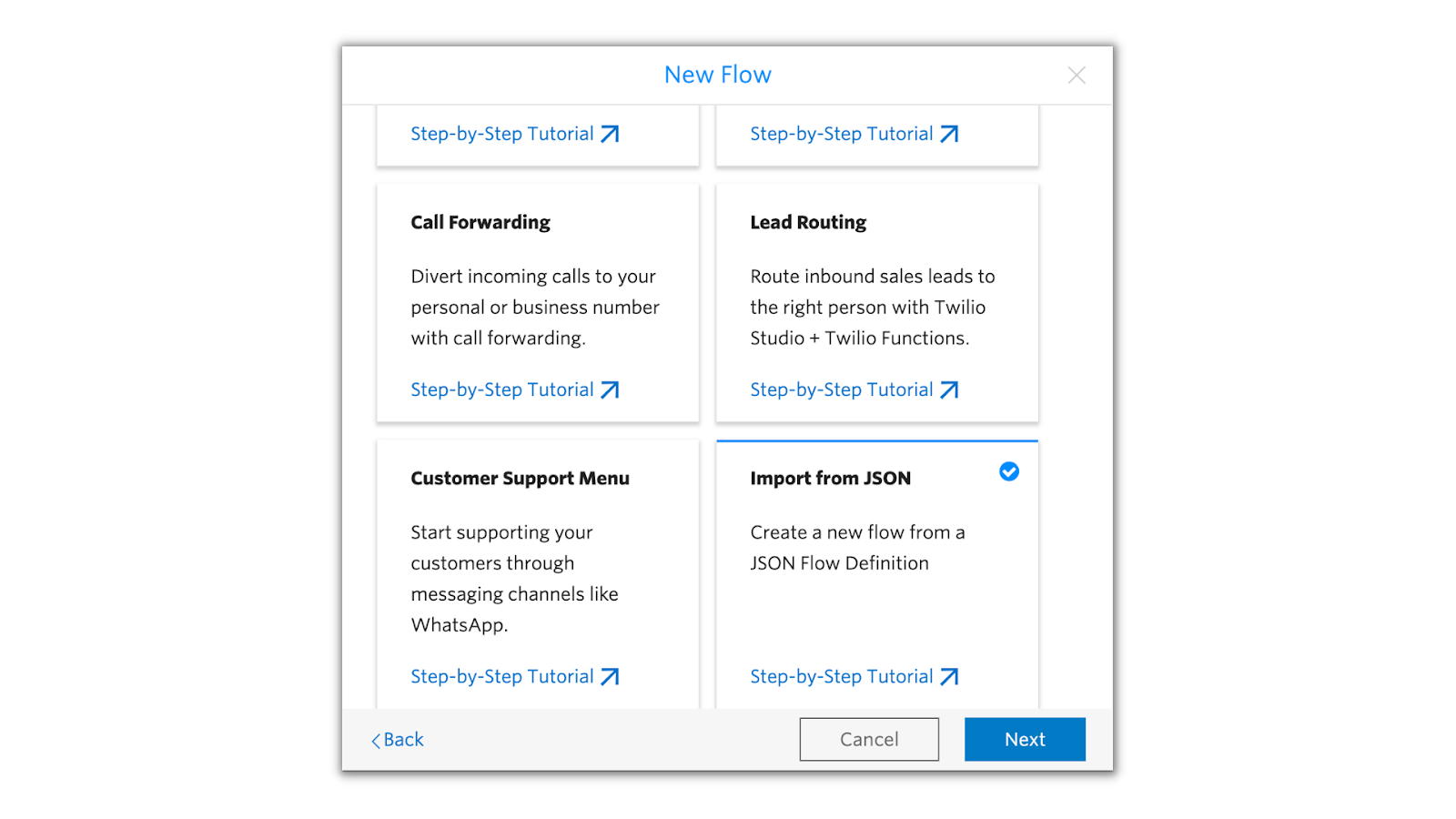 Flow selection menu from when creating Twilio Studio flow