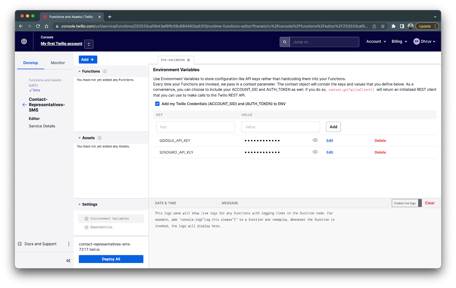 Environment variables section of functions service