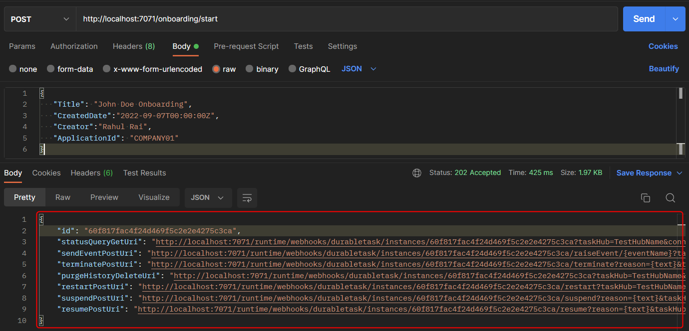 Output from the Start function that lists the URLs of the management API endpoints of the durable function.