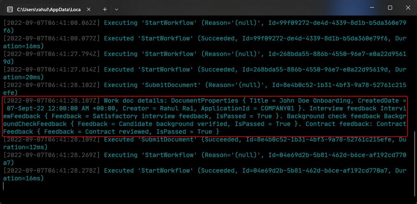 Terminal with document data logged as JSON.