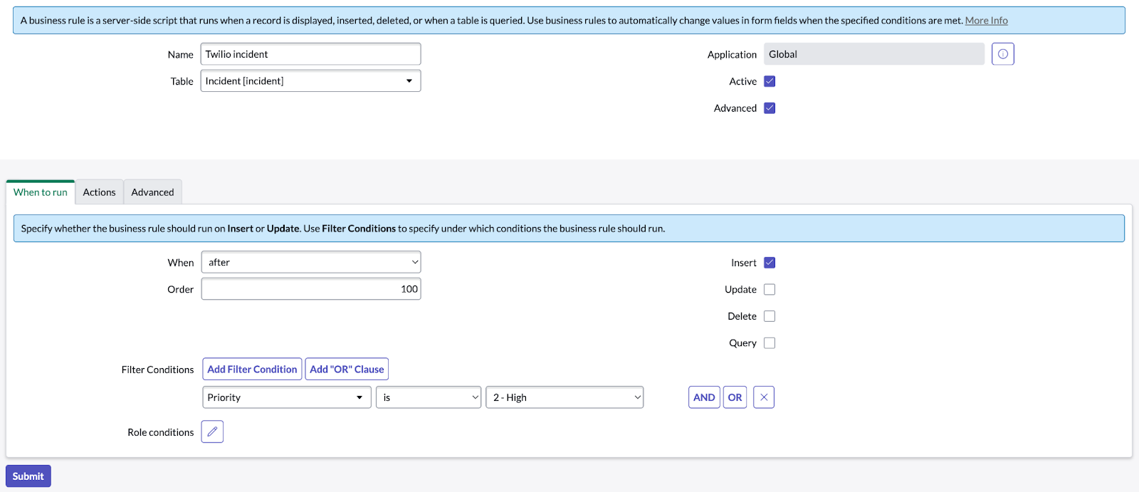 Defining business rules for a ServiceNow Twilio integration