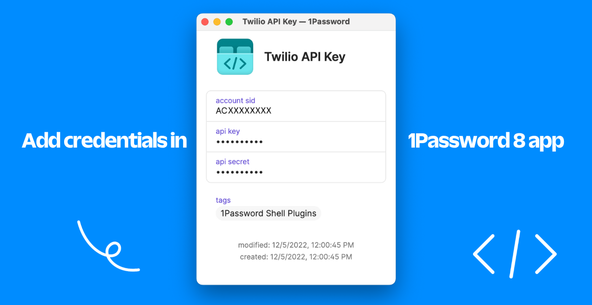 Entry in the 1Password 8 App for storing Twilio credentials