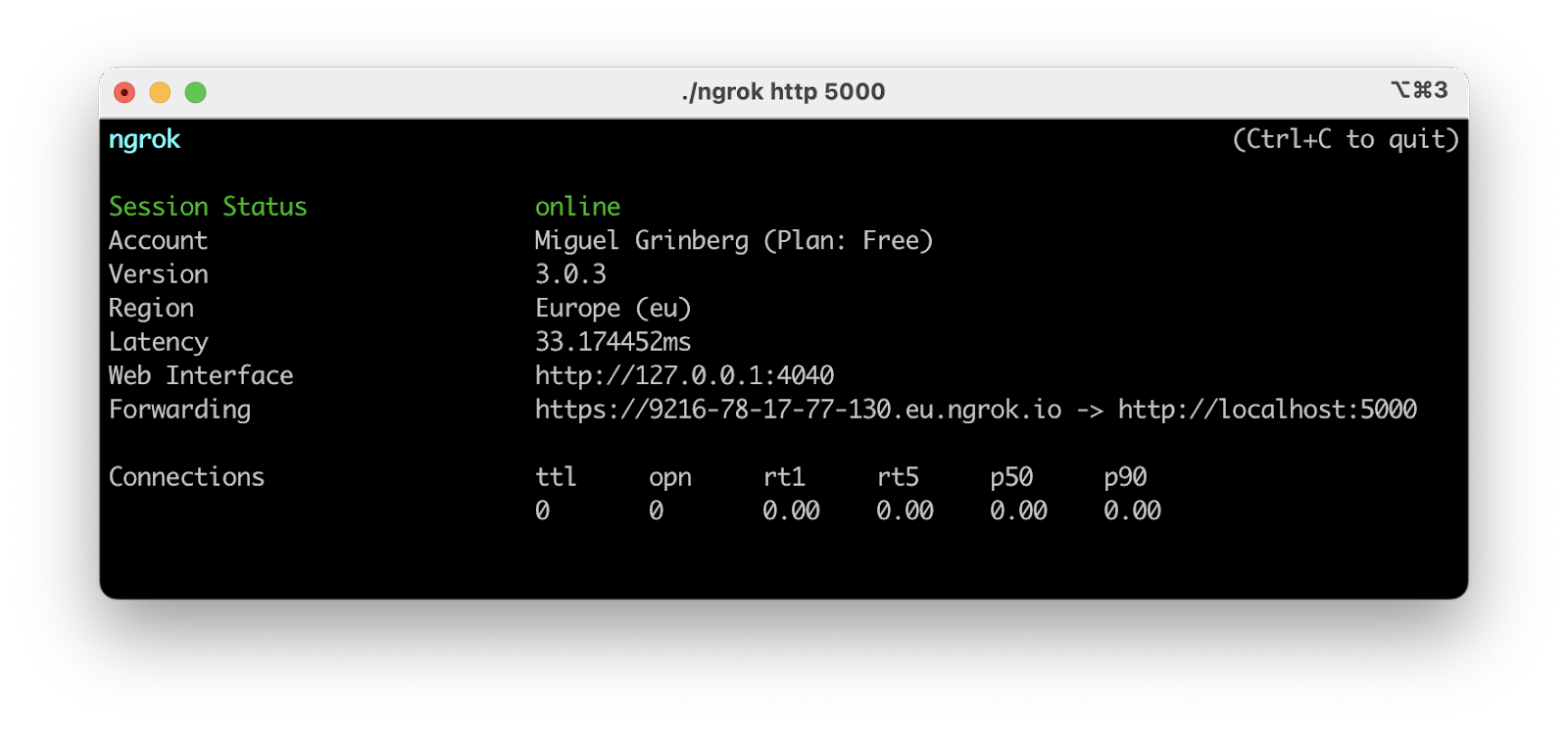 Ngrok output with token installed