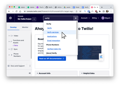 Services Verify dans la console Twilio 