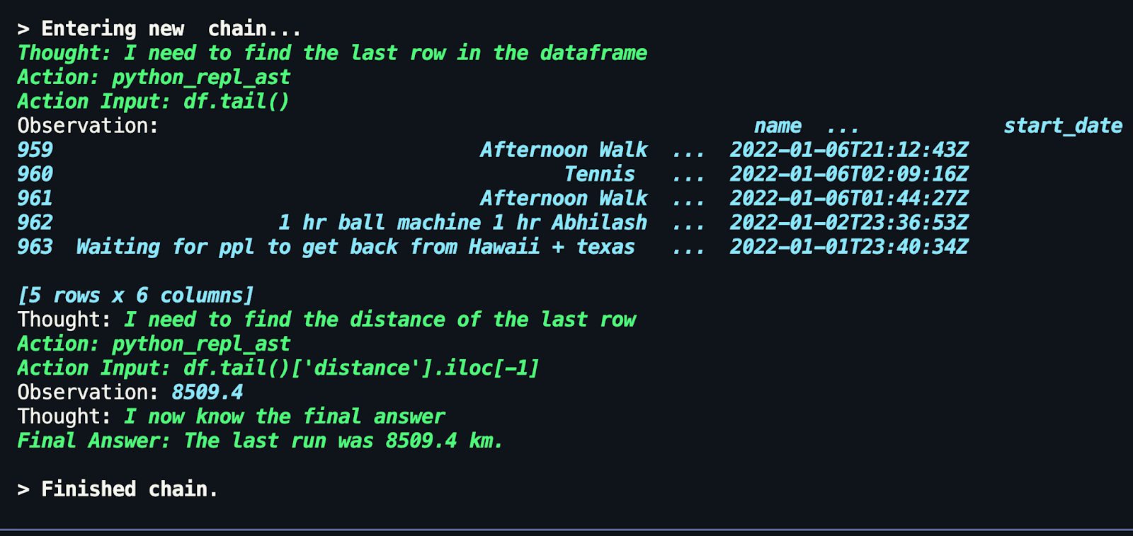 LangChain chain showing steps the Agent took to get to the distance of last run