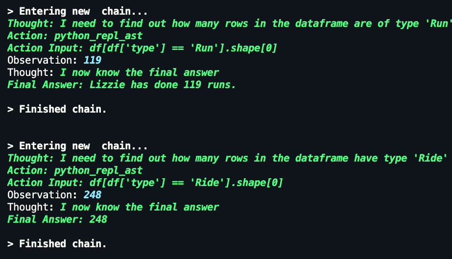 LangChain CSV agent chain coming to the answer of how many total runs and rides I"ve done