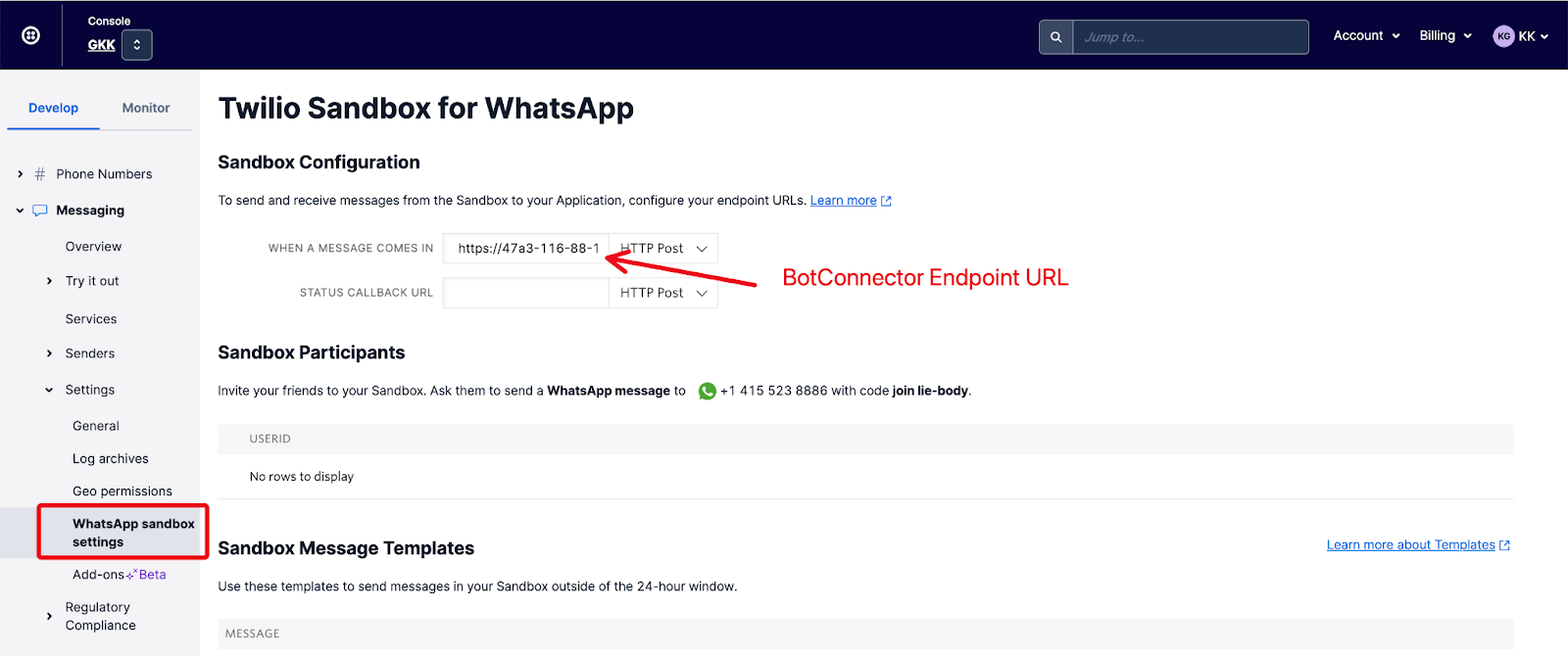 Twilio Console - WhatsApp sandbox settings