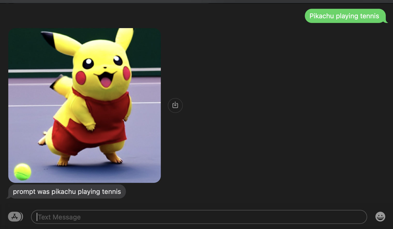 SMS example where I send "Pikachu playing tennis" and the returned message is an image of Pikachu playing tennis and a message saying "prompt was pikachu playing tennis"