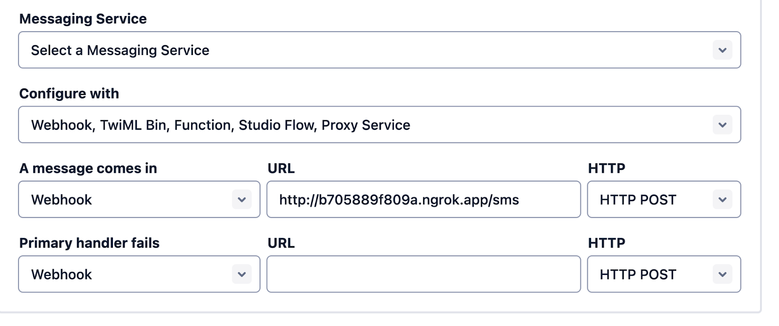 configure phone # Messaging Webhook with ngrok URL