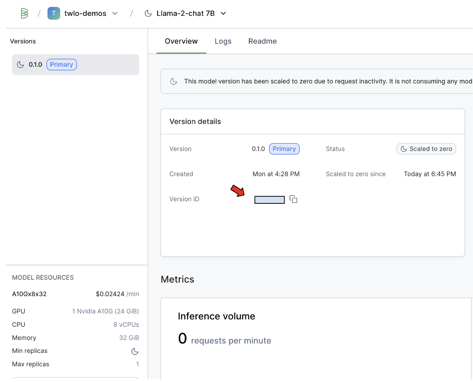 Baseten console with arrow pointing at Version ID in Overview. Also shows Model Resources and Version Details with buttons saying Logs and Readme