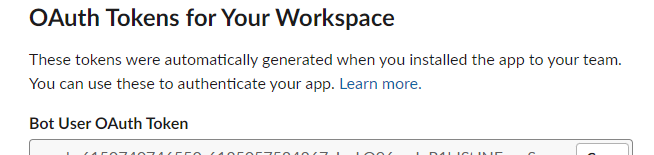 Screenshot showing Bot User OAuth Token on slack api