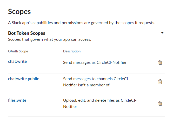 Screenshot of Scopes from my app on Slack with permissions to chat:write, chat:write:public, and files:write