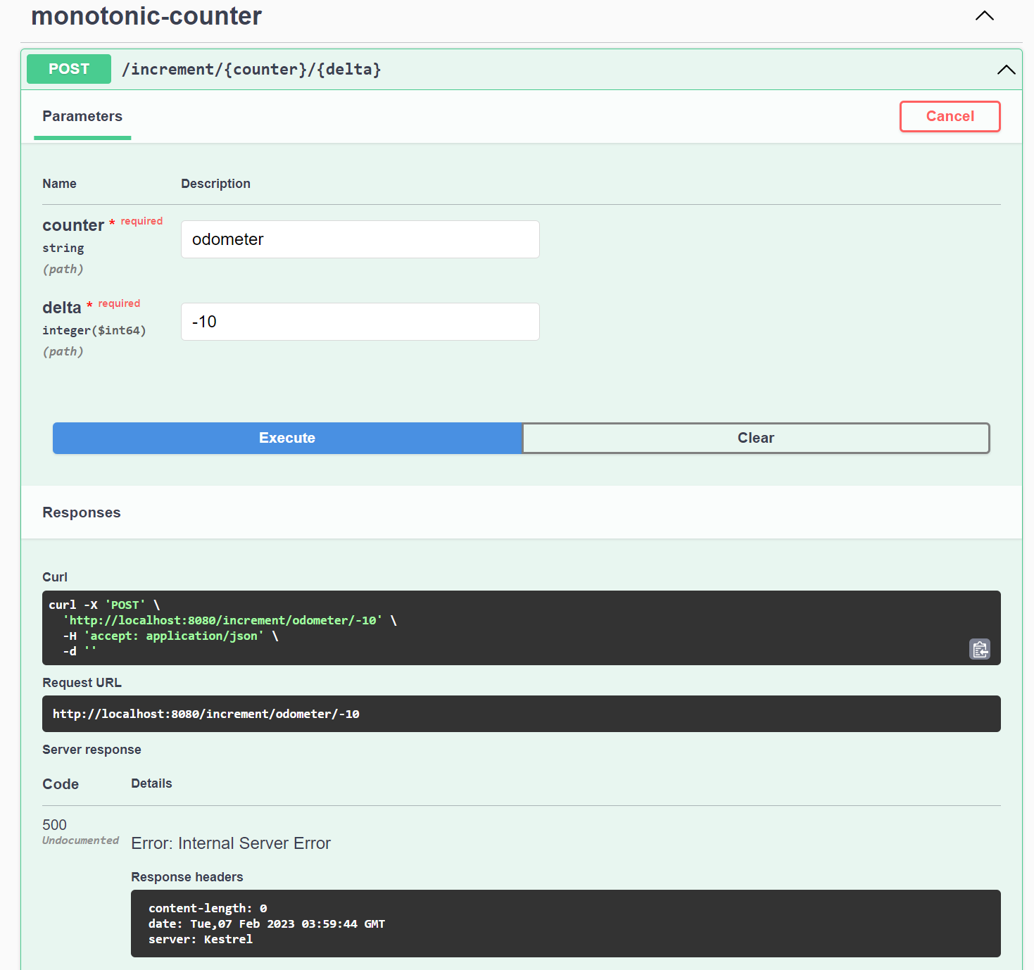 User send HTTP POST request to /increment/{counter}/{delta} with a negative delta value using the Swagger UI. The API responded with an HTTTP 500 error.