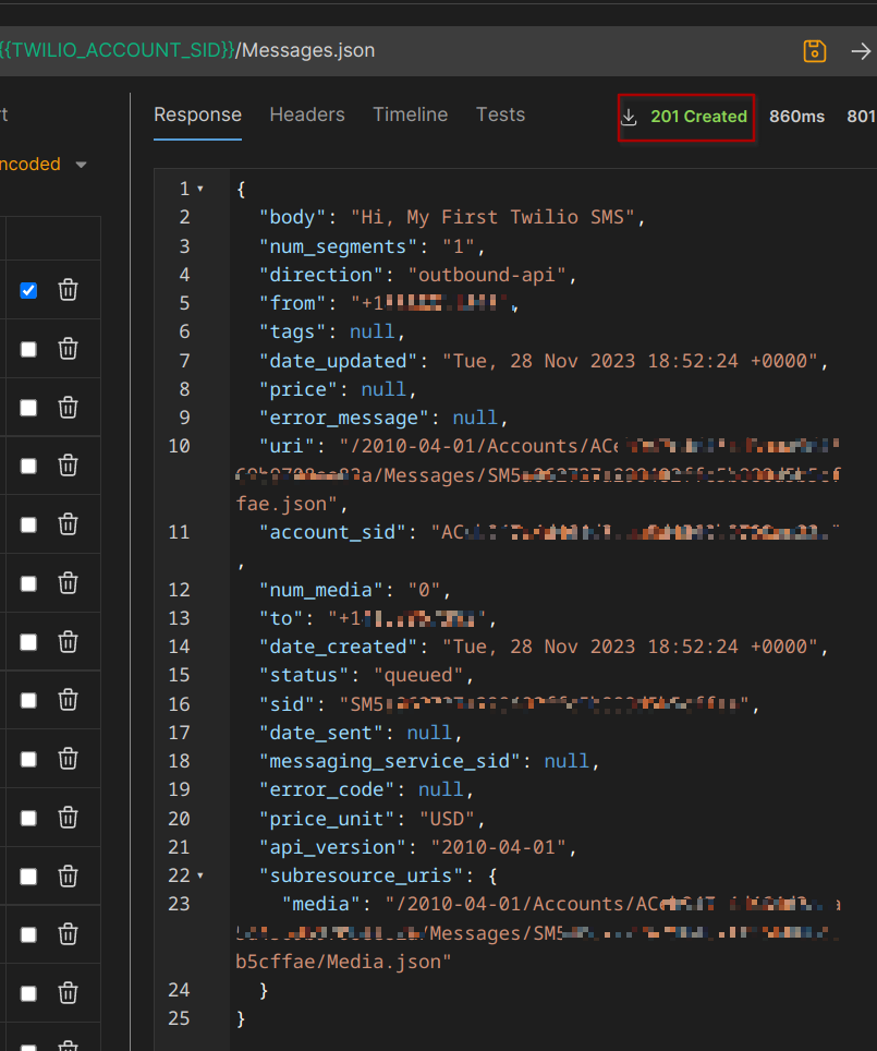 Bruno displaying an API response from Twilio