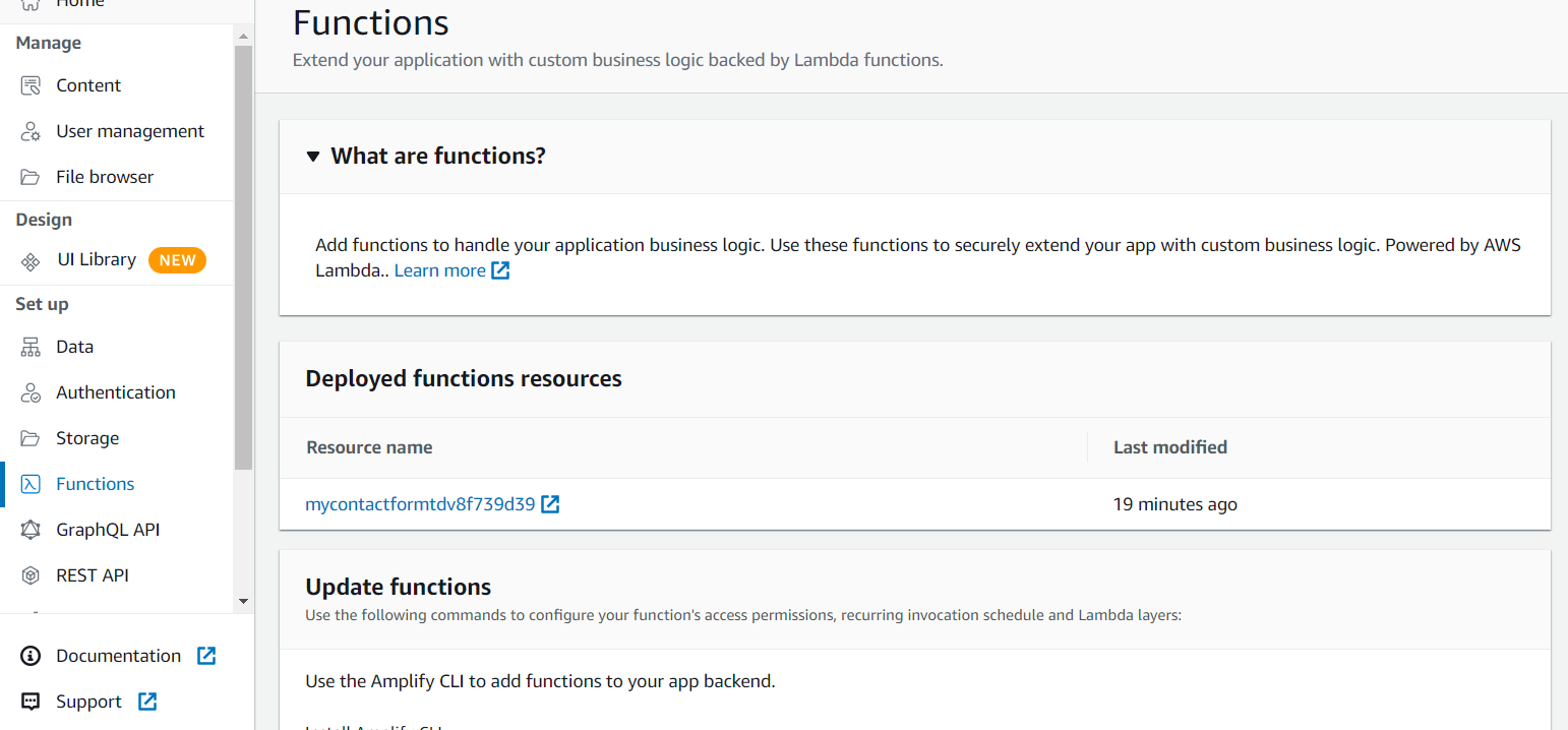 Functions module in Amplify Studio, displaying the previously implemented Lambda function in a list.