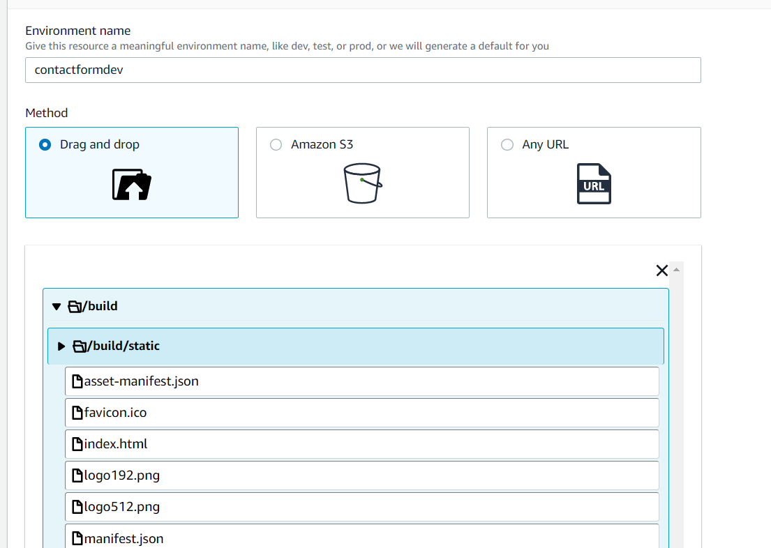 Environment creation page for application deployment, selecting a name and dragging the necessary files.