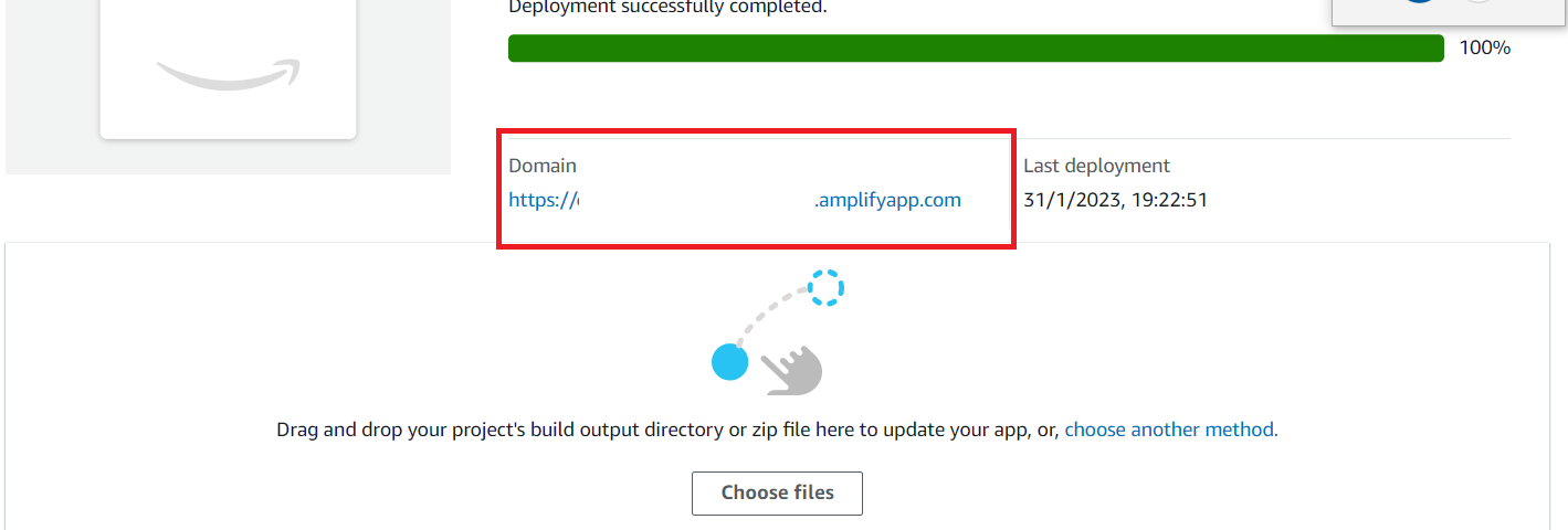 Summary page of the application deployment result, with the available and generated URL for the created app.