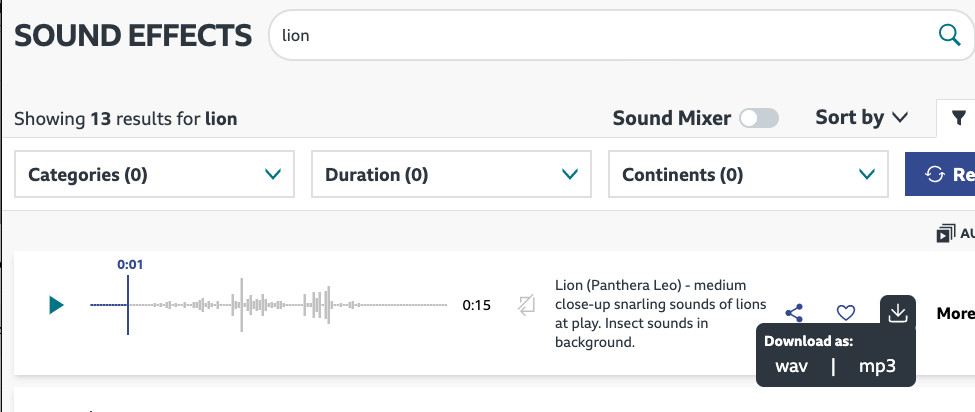 BBC Sound Effects search results showing lion was searched and the download icon clicked. It shows wav and mp3 as available file formats to download.