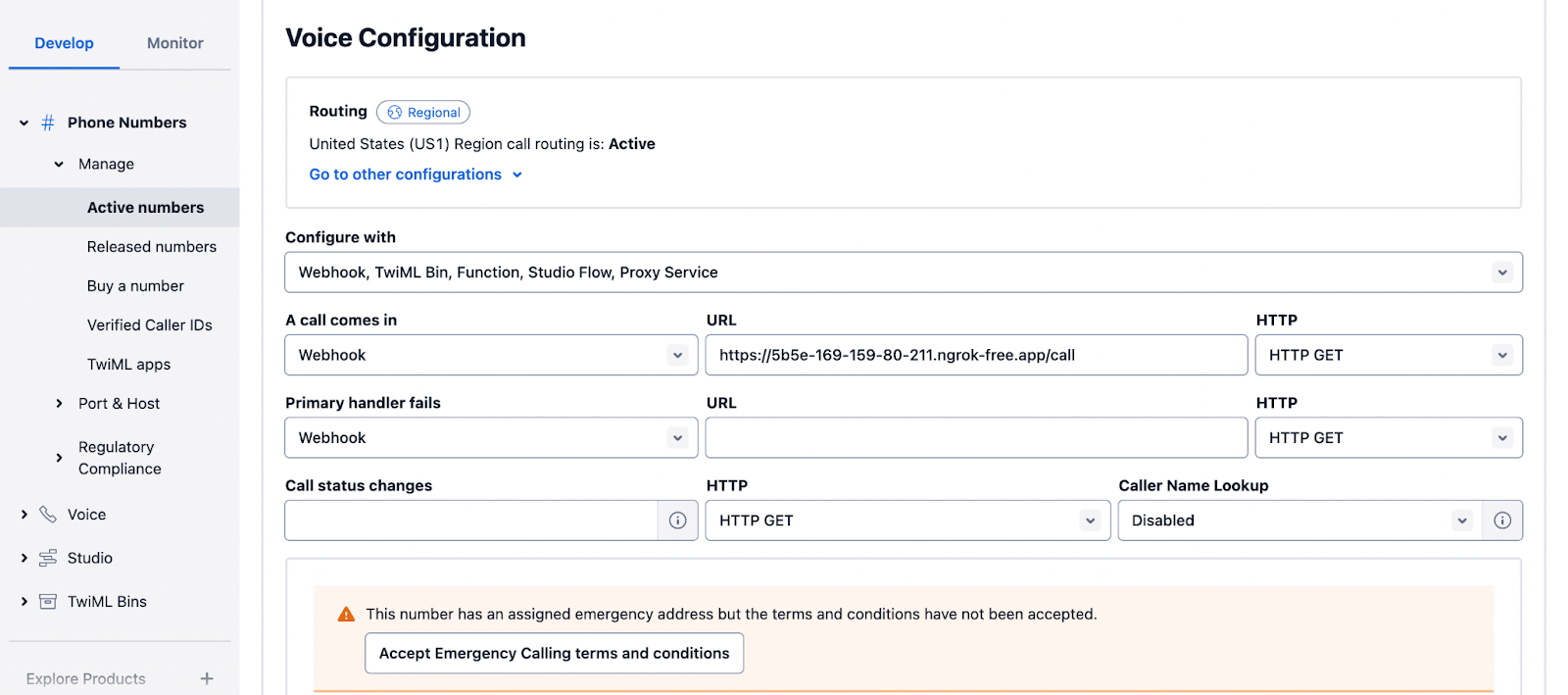 Editing the voice configuration settings of a Twilio phone number in the Twilio Console.