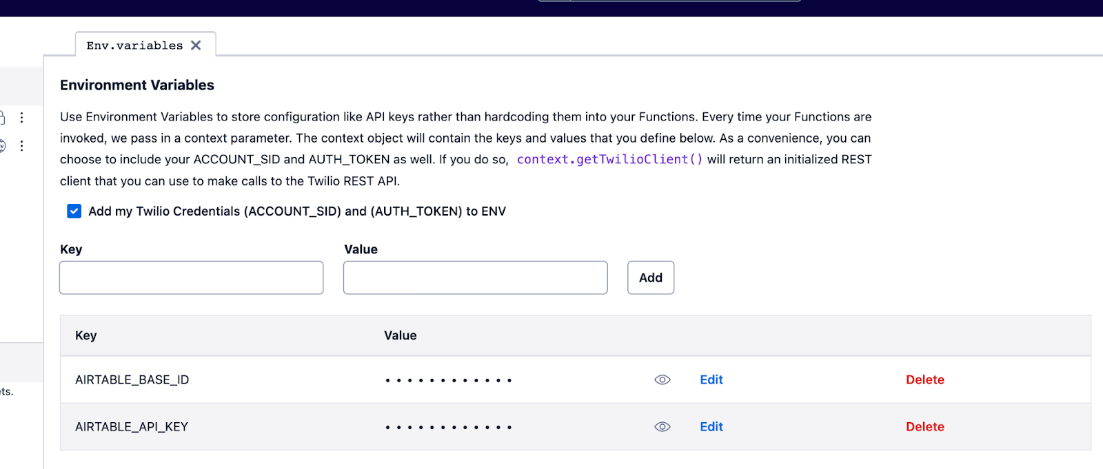 Screenshot showing environment variables in Twilio Functions