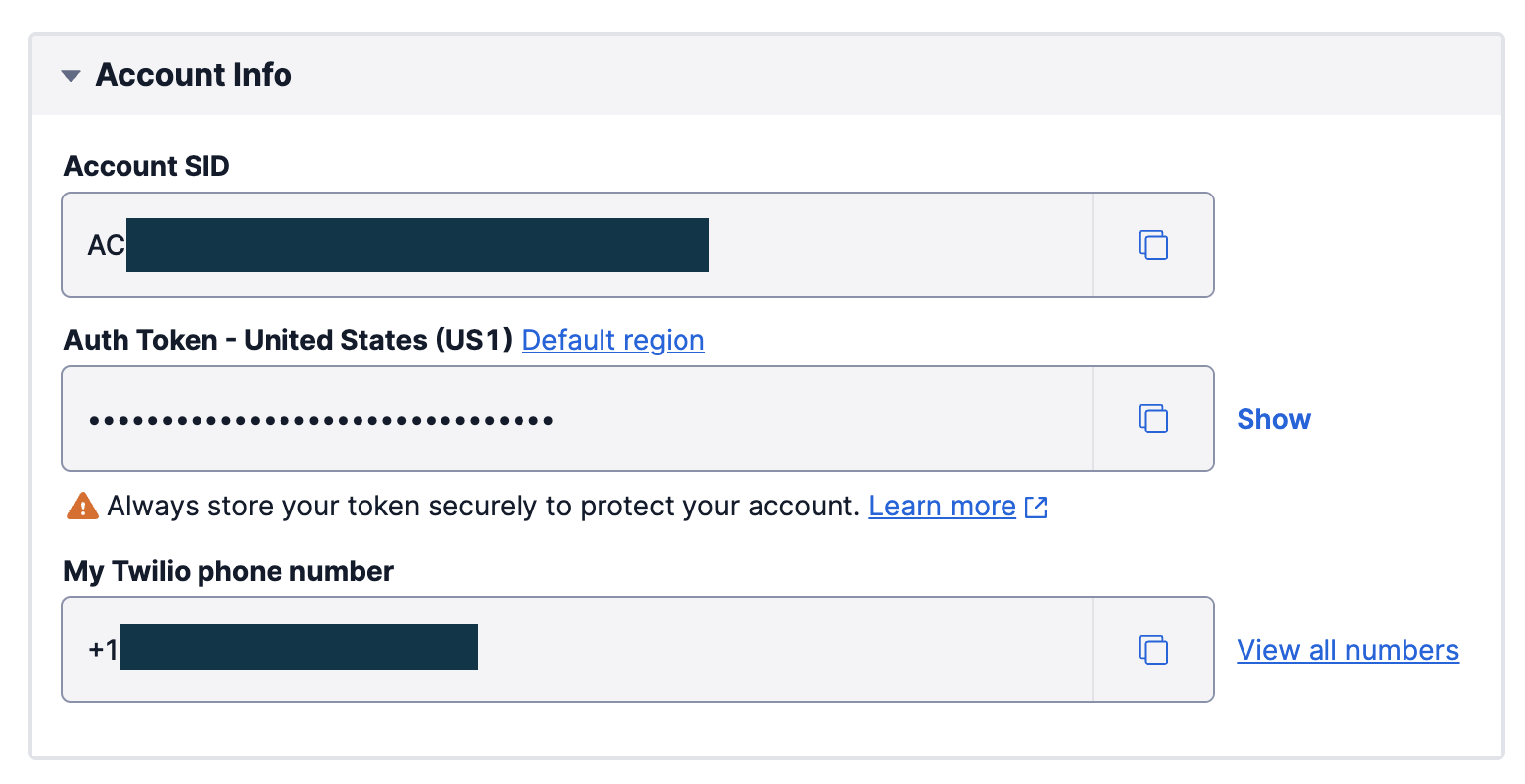 Account SID, Auth Token, and phone number in Twilio Console