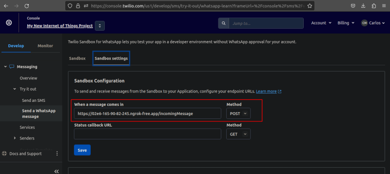 Configuring the Twilio Whatsapp sandbox settings