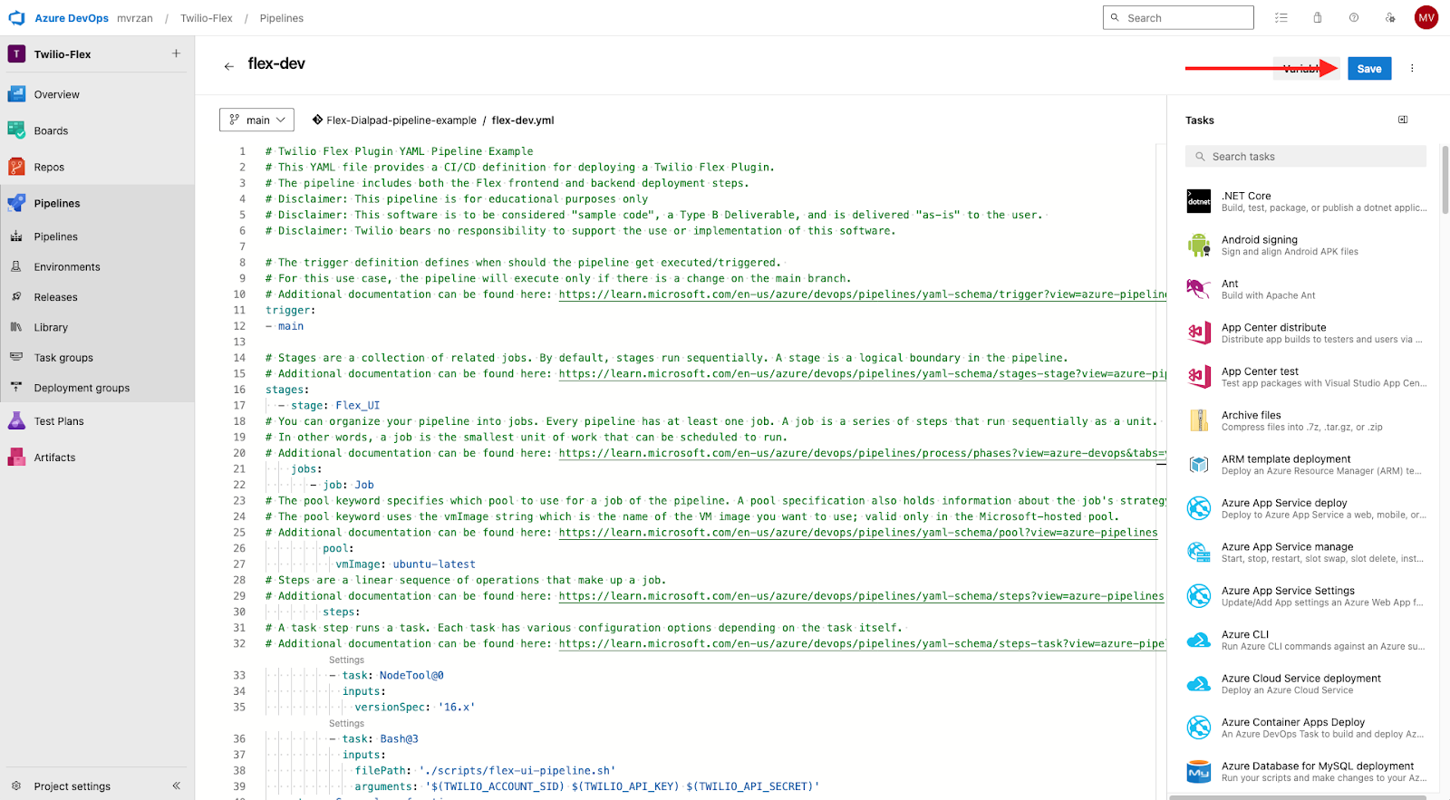 An image of the YAML file code copied into Azure DevOps with red arrow pointing to "Save."