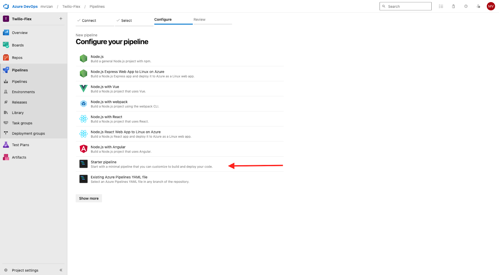 An image of the "Configure your pipeline" screen in Azure DevOps. A red arrow is pointing to "Starter Pipeline."