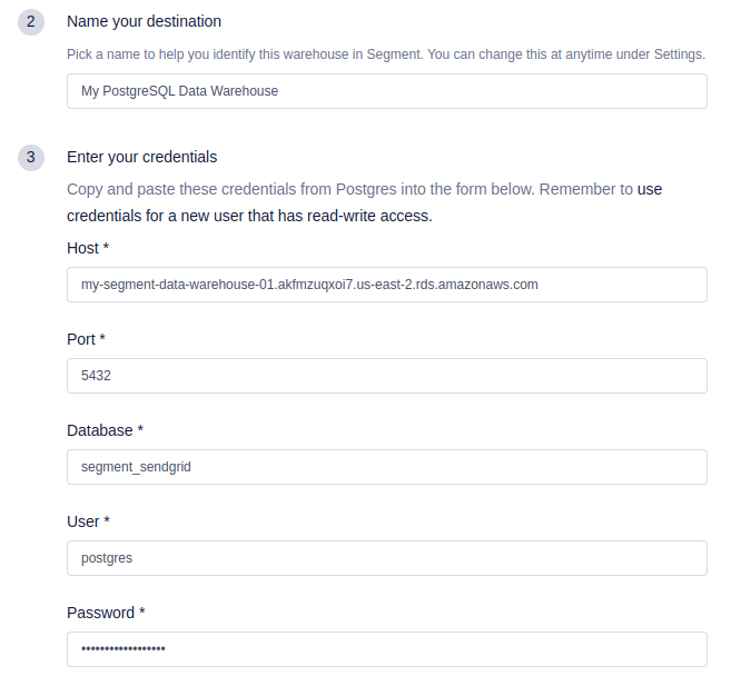 Name and enter credentials for a Postgres database