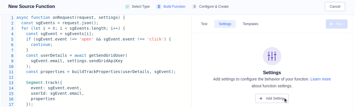 Changing settings for a Segment source function