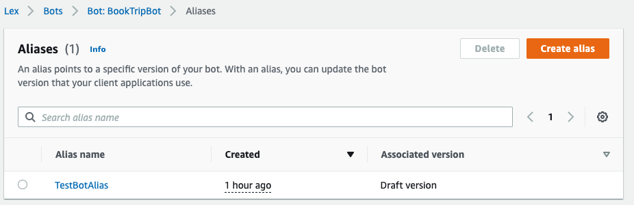 Aliases page showing the default TestBotalias associate with the Draft version