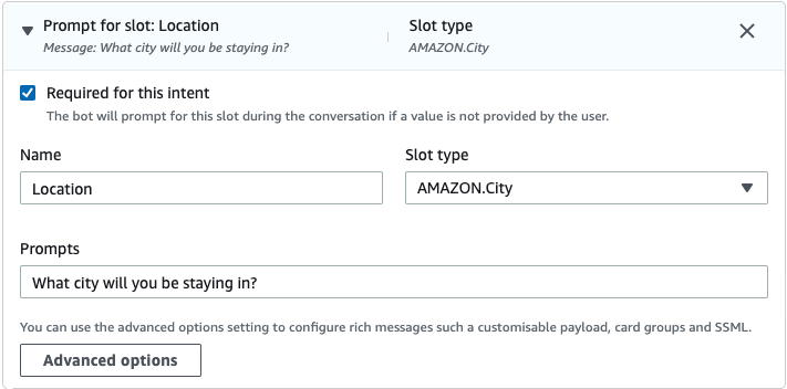 Slot details showing the slot name, type, it"s required and the prompt