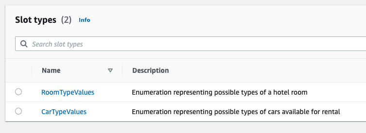 Slot types showing RoomTypeValues and CarTypeValues as custom slot types