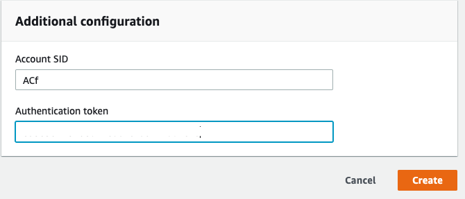 Additional configuration section showing the Twilio Account SID and Authentication token fields.