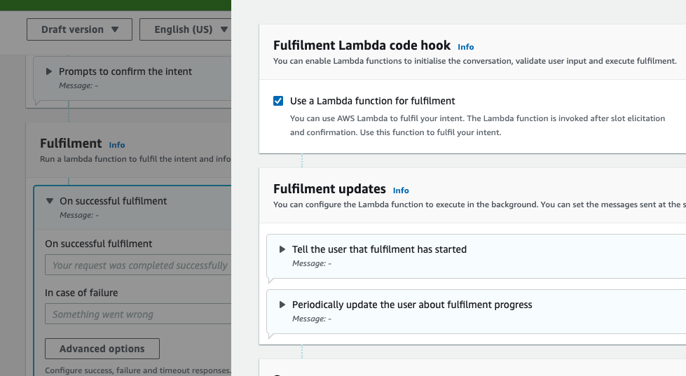 Fulfillment advanced options pane is open and showing Use a Lambda function for fulfilment checkbox ticked