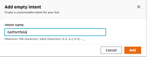 Add empty intent dialog showing GetPortfolio entered as name and an Add button at the bottom