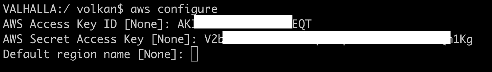 Terminal window showing access key id and secret access key have been entered and default region name is prompted