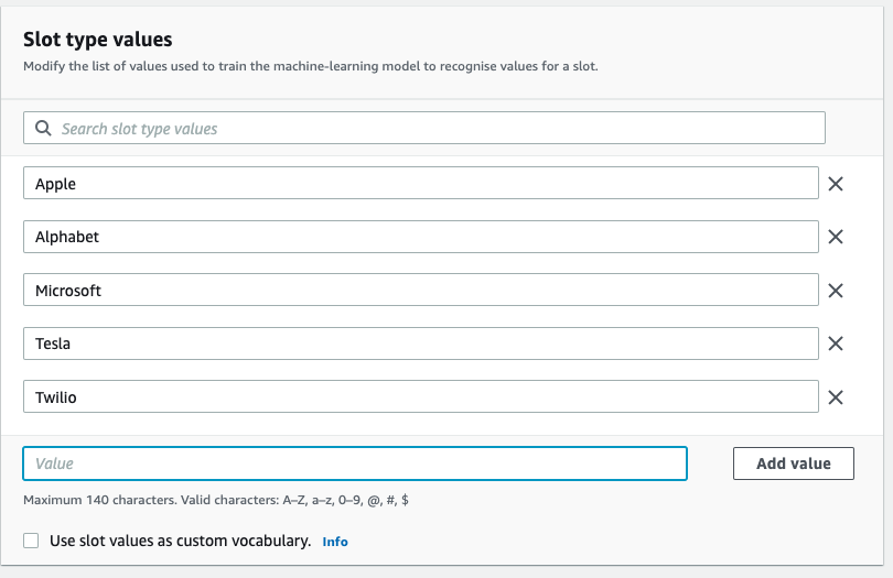 Slot type values list showing Apple, Alphabet, Microsoft, Tesla, and Twilio entered as values