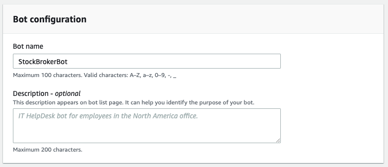 Bot configuration panel showing bot name as StockBrokerBot and description empty