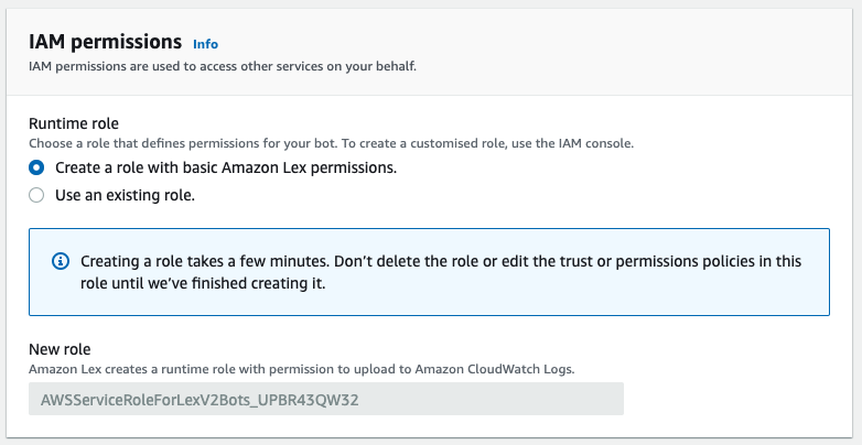 IAM permissions showing Create a role with basic Amazon Lex permissions option selected and a disabled input field populated with an auto-generated role name