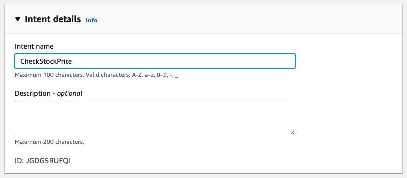 Intent details section showing CheckStockPrice entered in the Intent name field