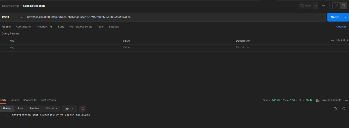 postman screenshot for a post request to send a notification to a user