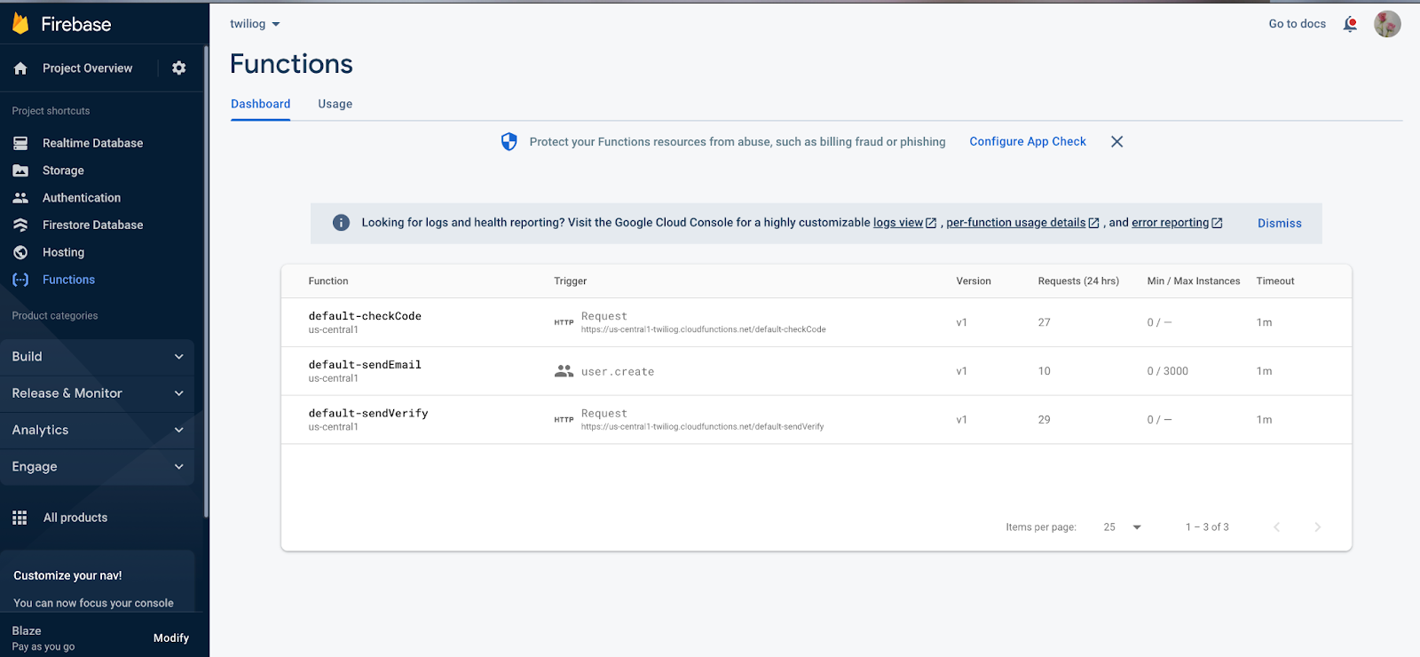 Check the Functions Dashboard for deployed functions on Google