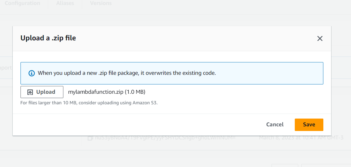 Modal window to select and upload the zip file, with the Save button that must be clicked to finish the process.