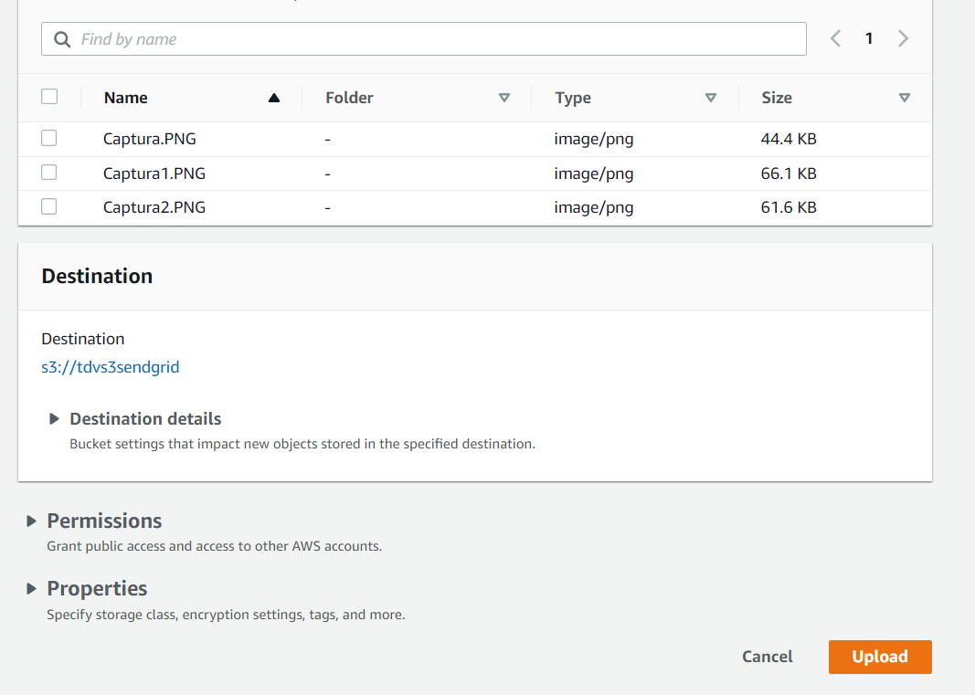 File upload form in S3, with 3 selected files and the "Upload" button to confirm the upload to the bucket.