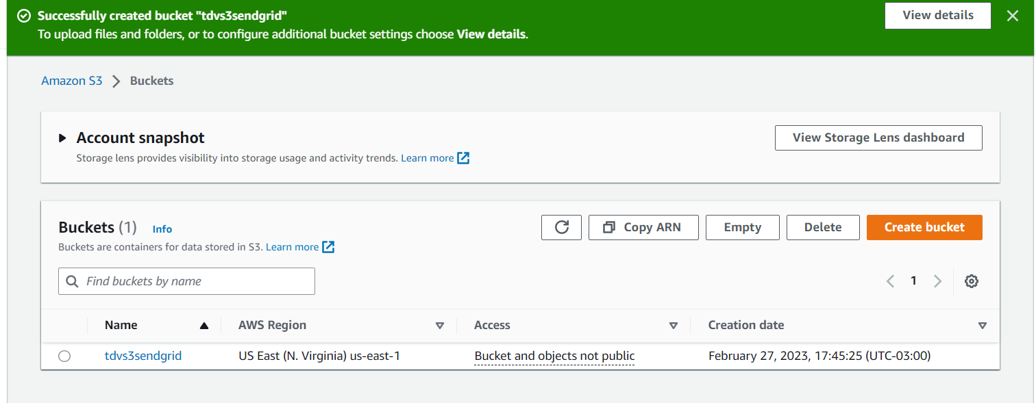 Page with list of buckets, displaying in the list the new bucket created in the previous step.